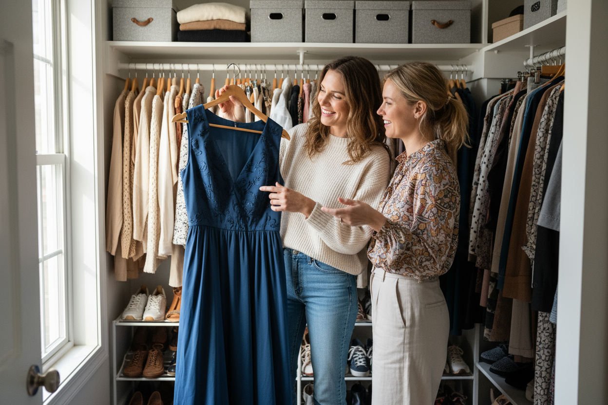 Two women looking at an item of clothing on a hanger in a closet