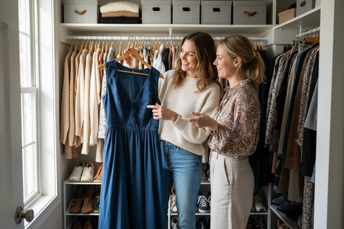 Two women looking at an item of clothing on a hanger in a closet